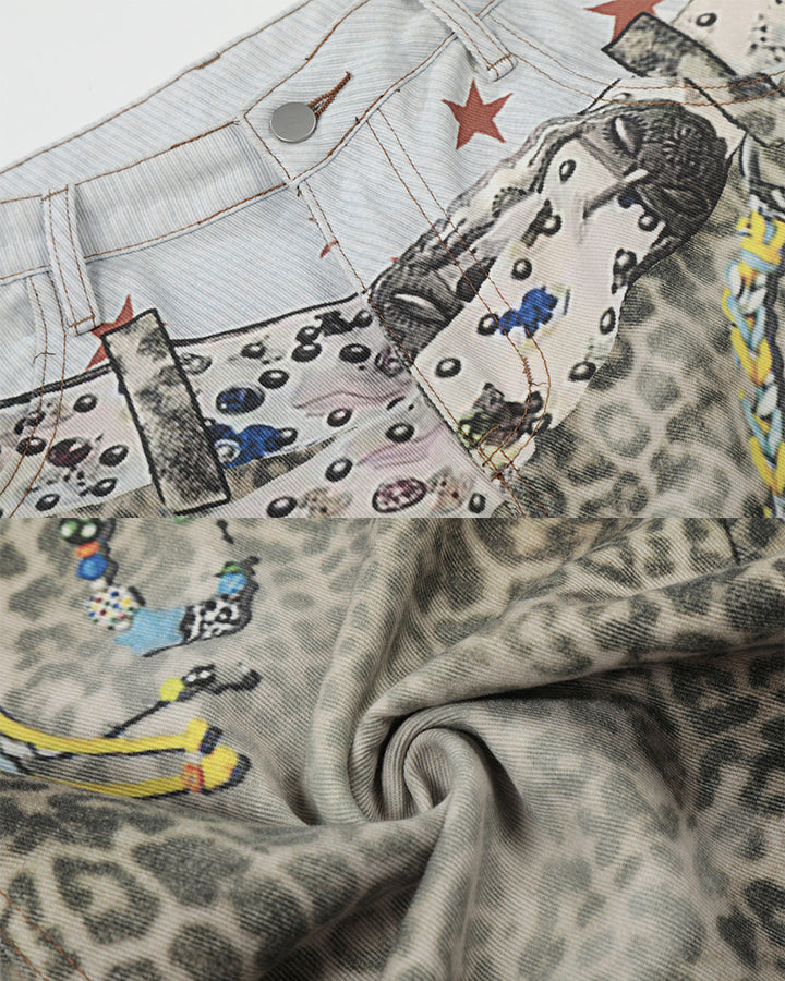 Leopard Print Chain Seven-Length Denim Pants