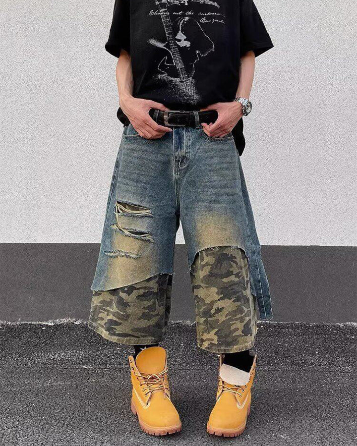Layered Camo Patchwork Distressed Denim Shorts