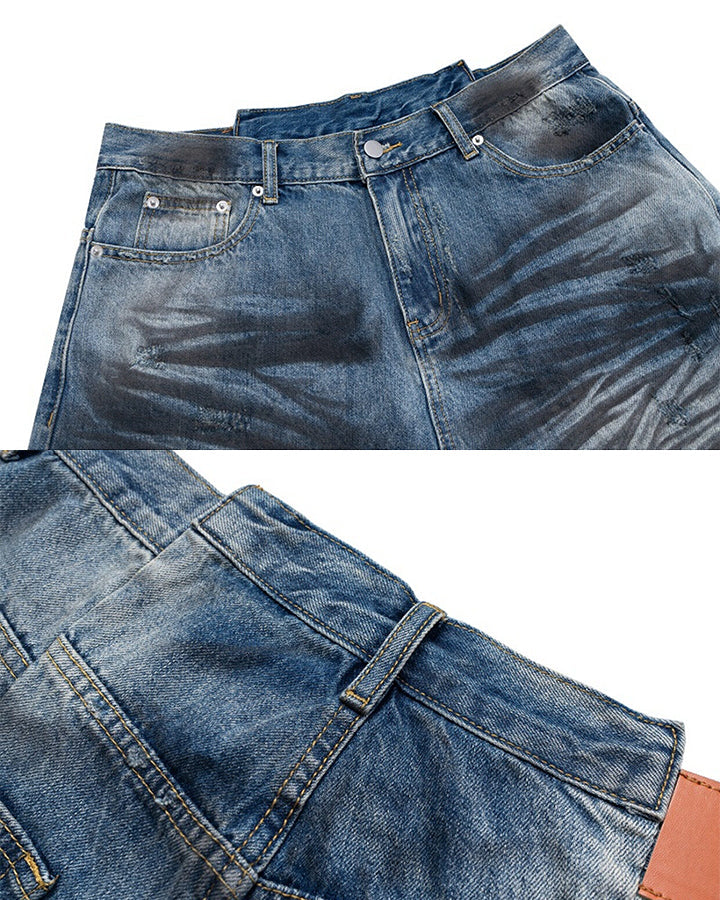 Distressed Crinkled Irregular Knee-Length Denim Shorts