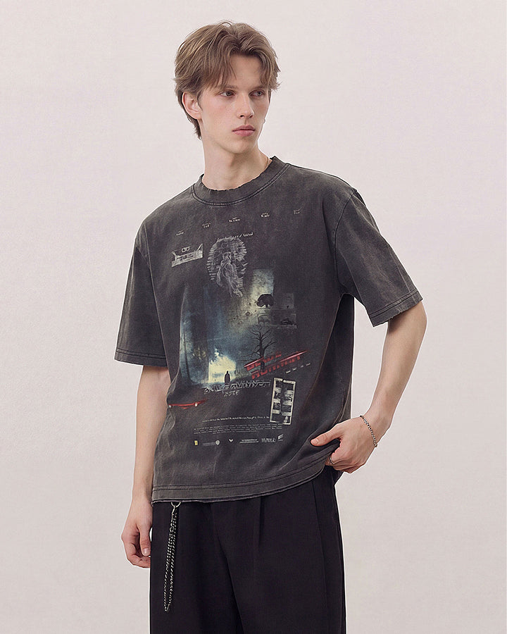 Dark Washed Futuristic Graphic Short Sleeve T-Shirt
