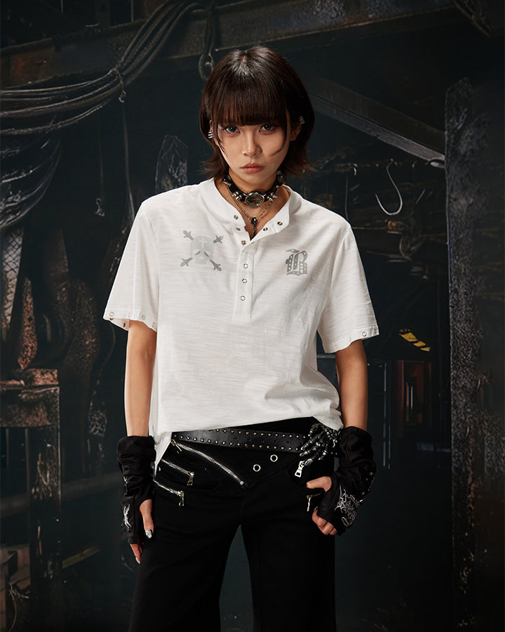 Dark Gothic Skull Print Henley Short Tee New