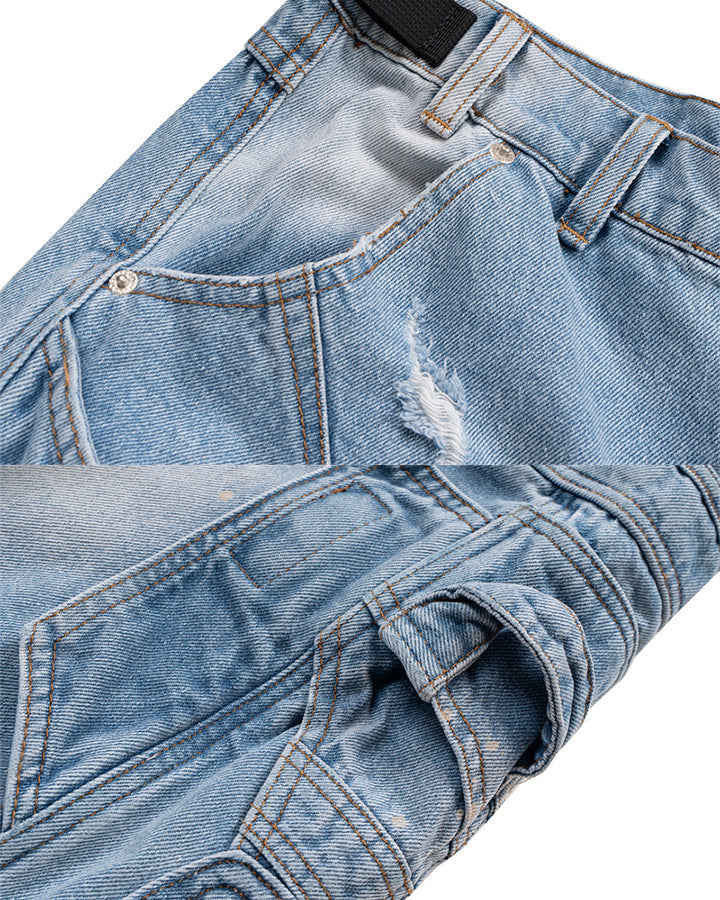 Vintage Washed Cargo Five-Length Denim Shorts