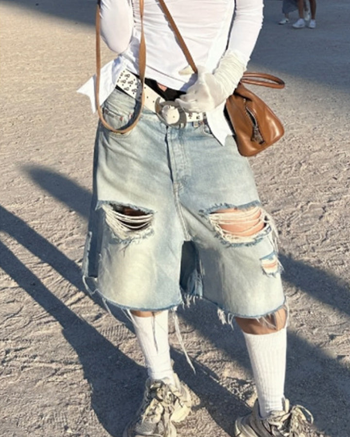 New Light Washed Distressed Denim Shorts