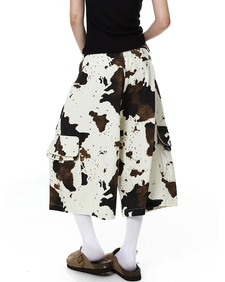 Vintage Cow Print Utility Cargo Shorts
