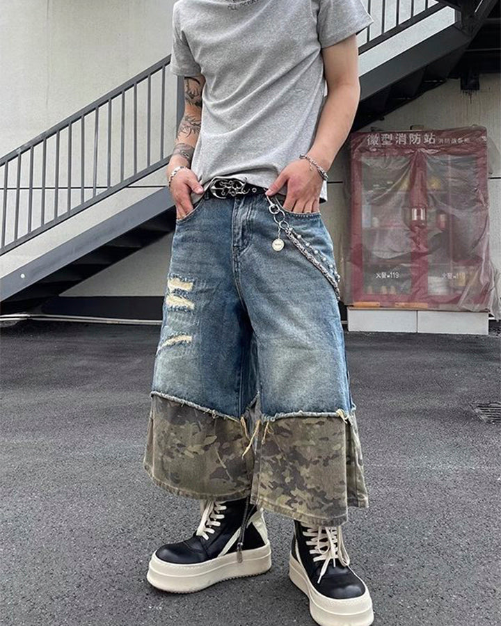New Washed Black Camo Patchwork Shorts