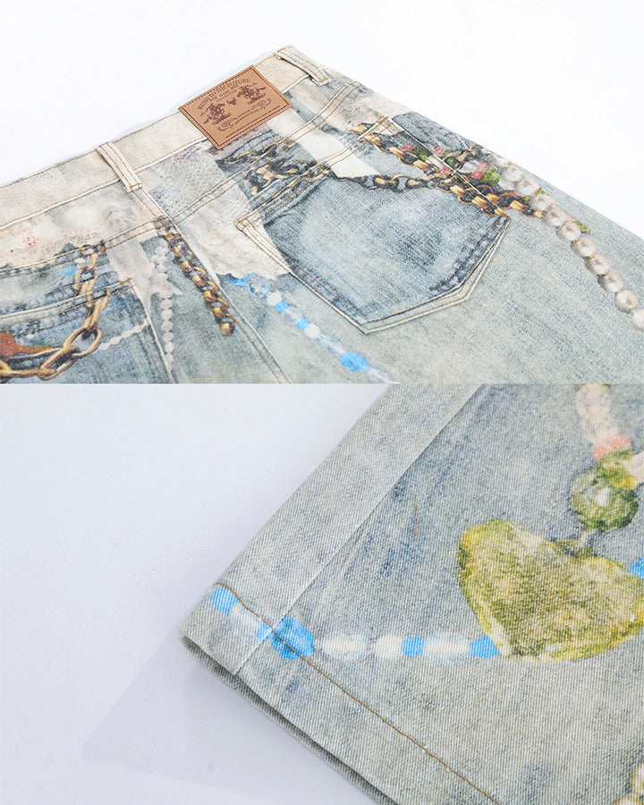 New 3D Chain Print Five-Length Denim Shorts
