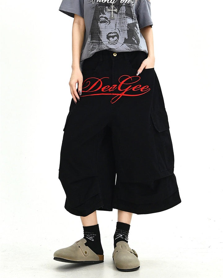 Script Embroidered Utility Cargo Bermuda Shorts