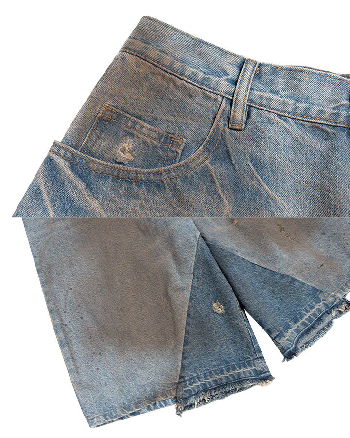 Vintage Washed Patchwork Distressed Dirty Denim Shorts