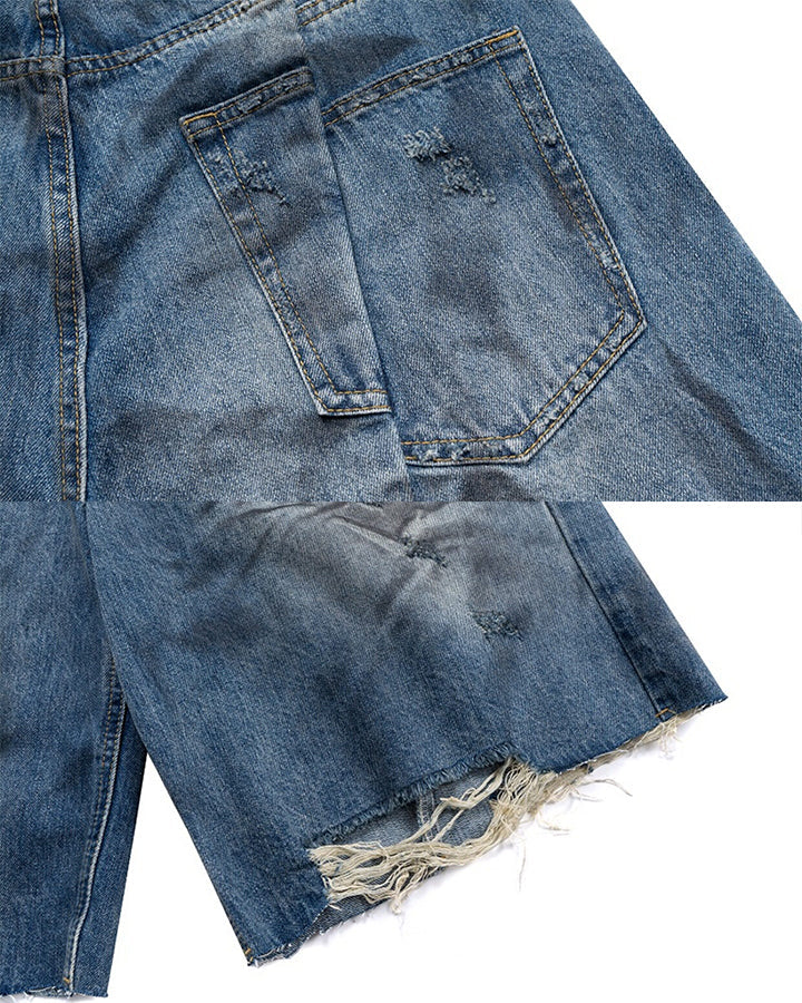 Distressed Crinkled Irregular Knee-Length Denim Shorts