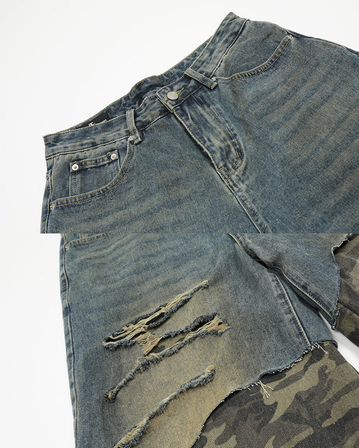 Layered Camo Patchwork Distressed Denim Shorts