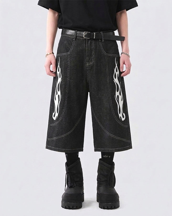 Flame Panel Seven-Length Denim Shorts