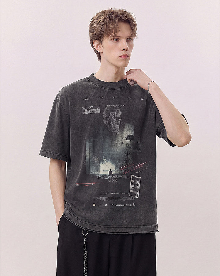 Dark Washed Futuristic Graphic Short Sleeve T-Shirt
