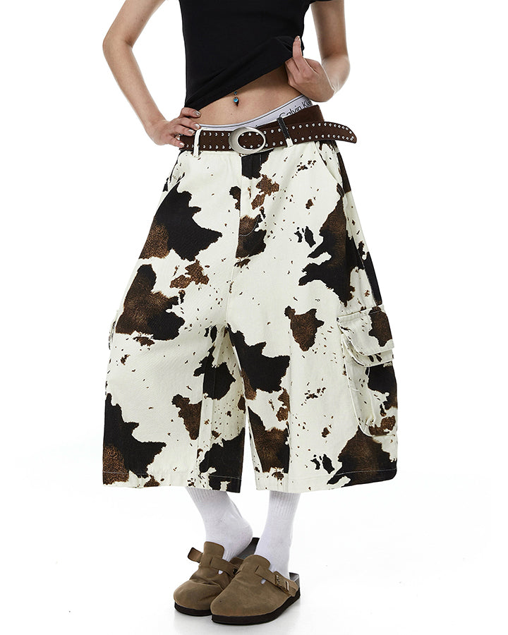 Vintage Cow Print Utility Cargo Shorts