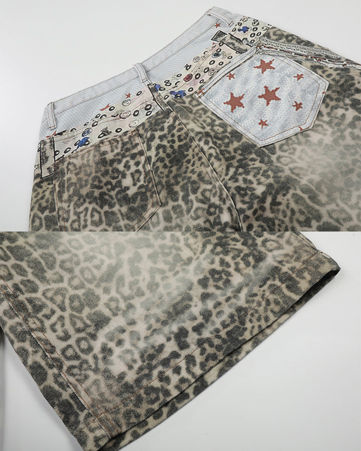 Leopard Print Chain Seven-Length Denim Pants