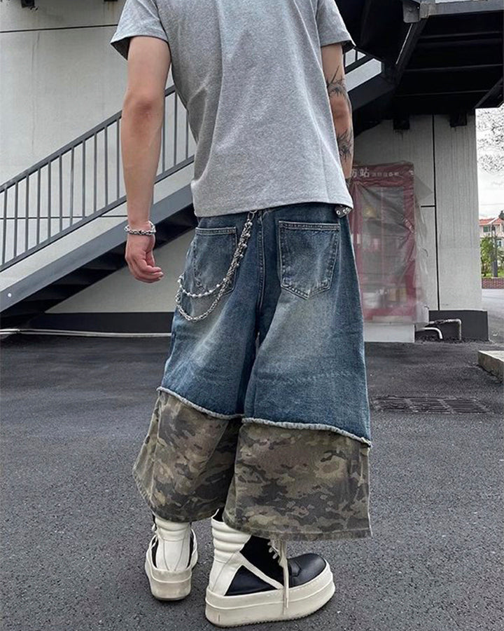 New Washed Black Camo Patchwork Shorts