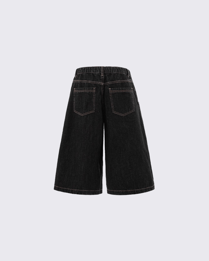 Denim Drawstring Shorts with Plaid Detail - Casual Streetwear