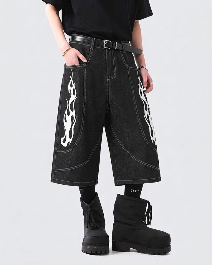 Flame Panel Seven-Length Denim Shorts