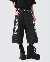 Flame Panel Seven-Length Denim Shorts