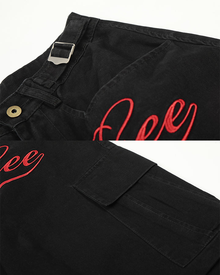 Script Embroidered Utility Cargo Bermuda Shorts