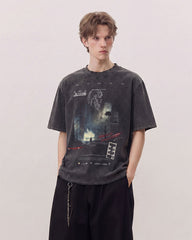 Dark Washed Futuristic Graphic Short Sleeve T-Shirt