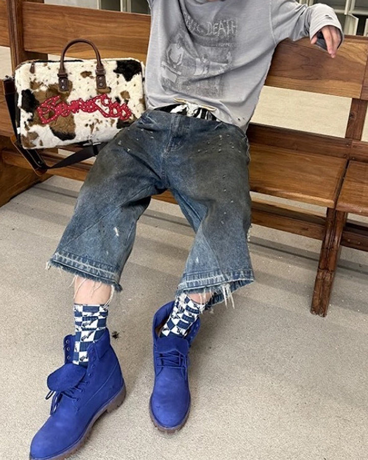 Vintage Washed Patchwork Distressed Dirty Denim Shorts