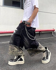 New Washed Black Camo Patchwork Shorts