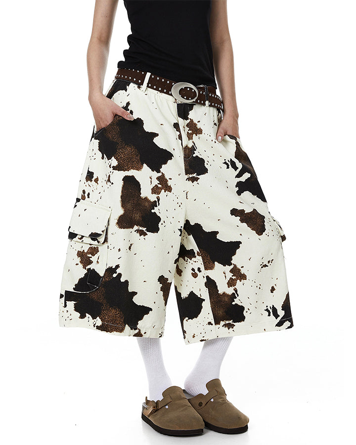 Vintage Cow Print Utility Cargo Shorts