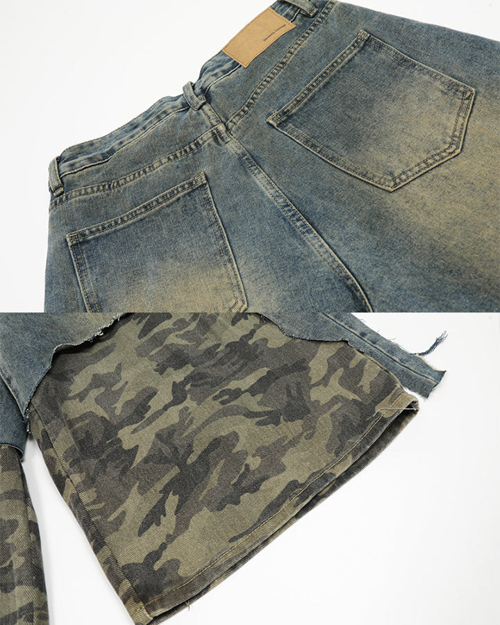 Layered Camo Patchwork Distressed Denim Shorts