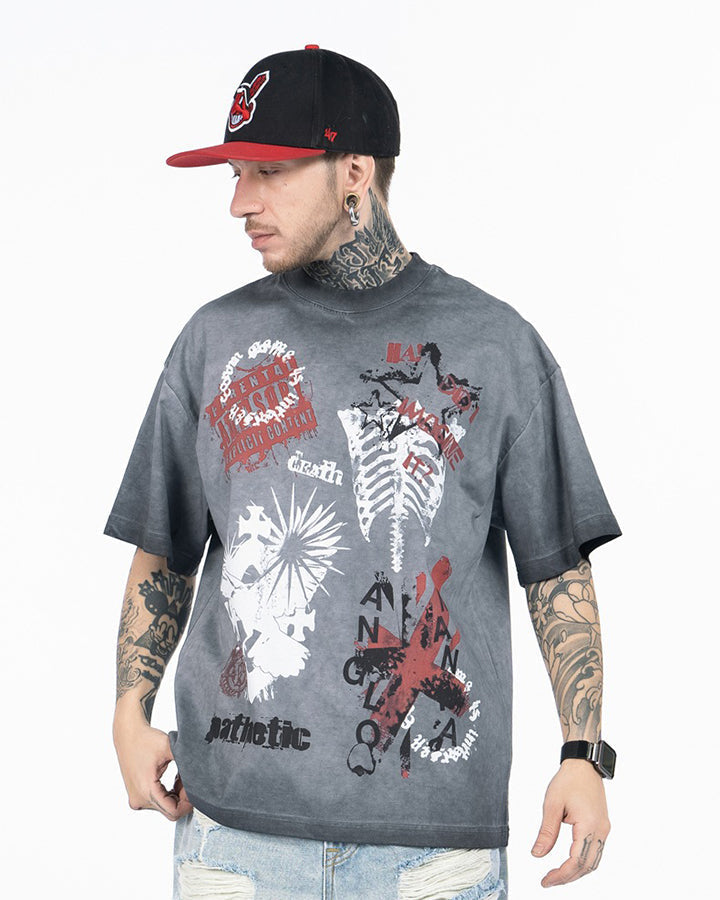 Grey Washed Graphic Print Short Sleeve T-Shirt