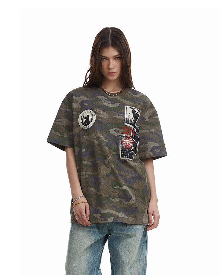 Distressed Patch Embroidered Short Sleeve T-Shirt