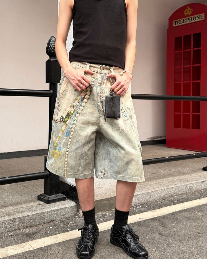 New 3D Chain Print Five-Length Denim Shorts