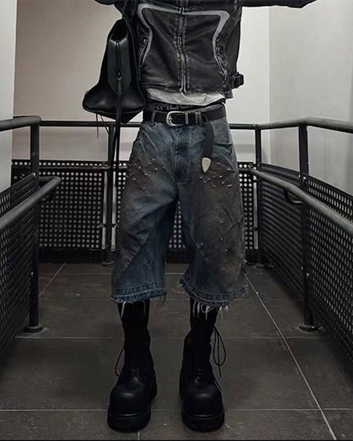 Vintage Washed Patchwork Distressed Dirty Denim Shorts