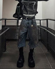 Vintage Washed Patchwork Distressed Dirty Denim Shorts