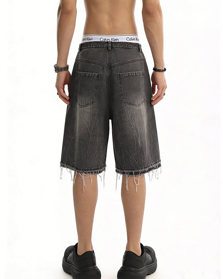 Vintage Graphic Washed Five-Length Denim Shorts