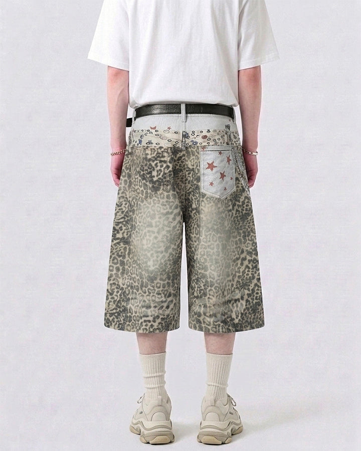 Leopard Print Chain Seven-Length Denim Pants