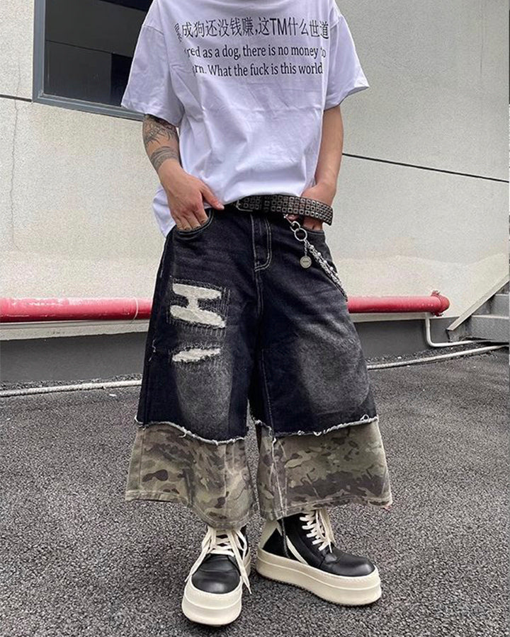 New Washed Black Camo Patchwork Shorts