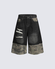 New Washed Black Camo Patchwork Shorts