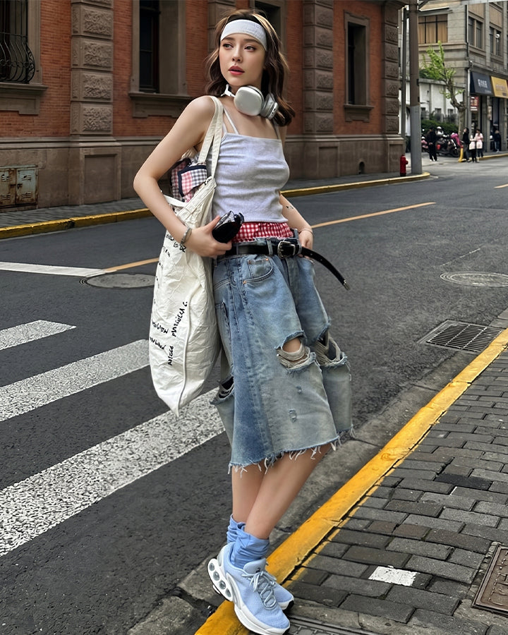 New Light Washed Distressed Denim Shorts
