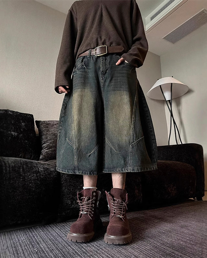 Vintage Washed Seven-Length Denim Pants