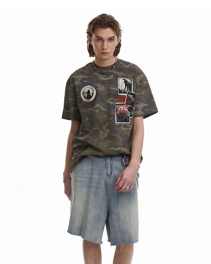 Distressed Patch Embroidered Short Sleeve T-Shirt