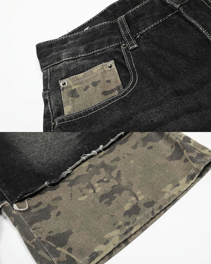 New Washed Black Camo Patchwork Shorts