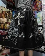 Retro Distressed Heavy-Duty Design Printed Shorts