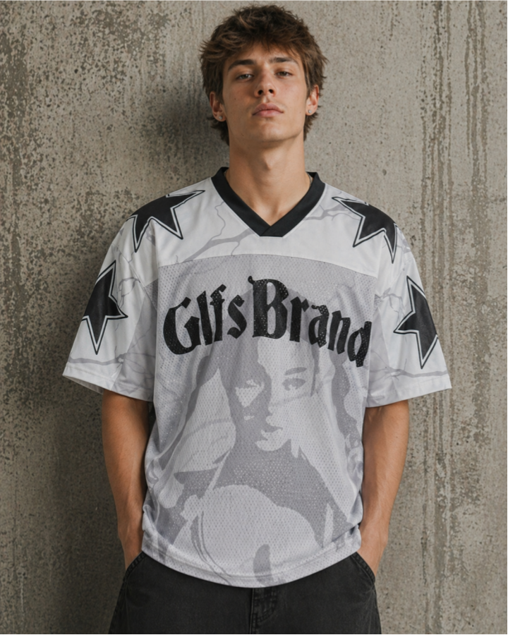 Vintage Mesh Portrait Graphic V-Neck Jersey Tee