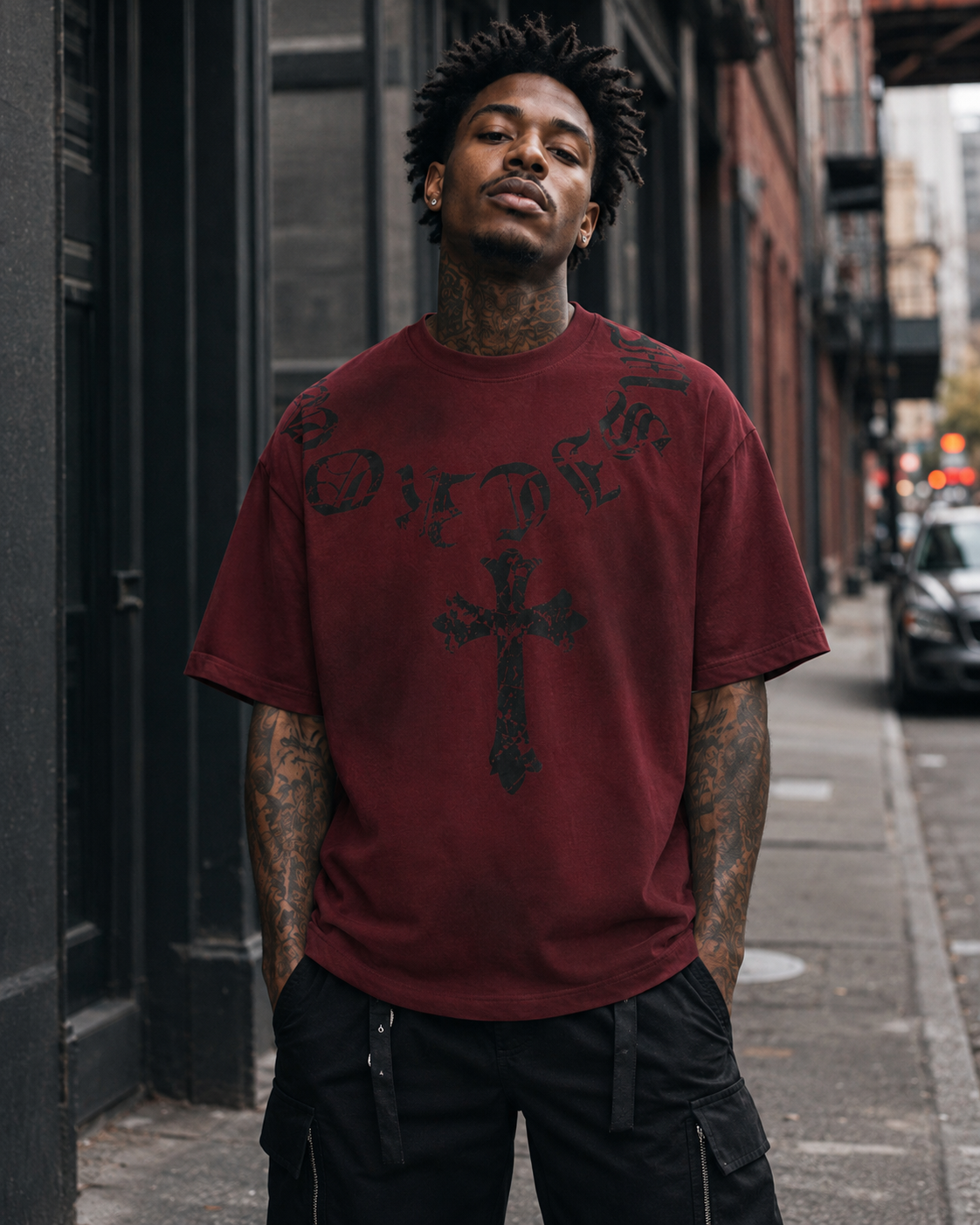 Vintage Washed Cross Graphic Burgundy Shirt