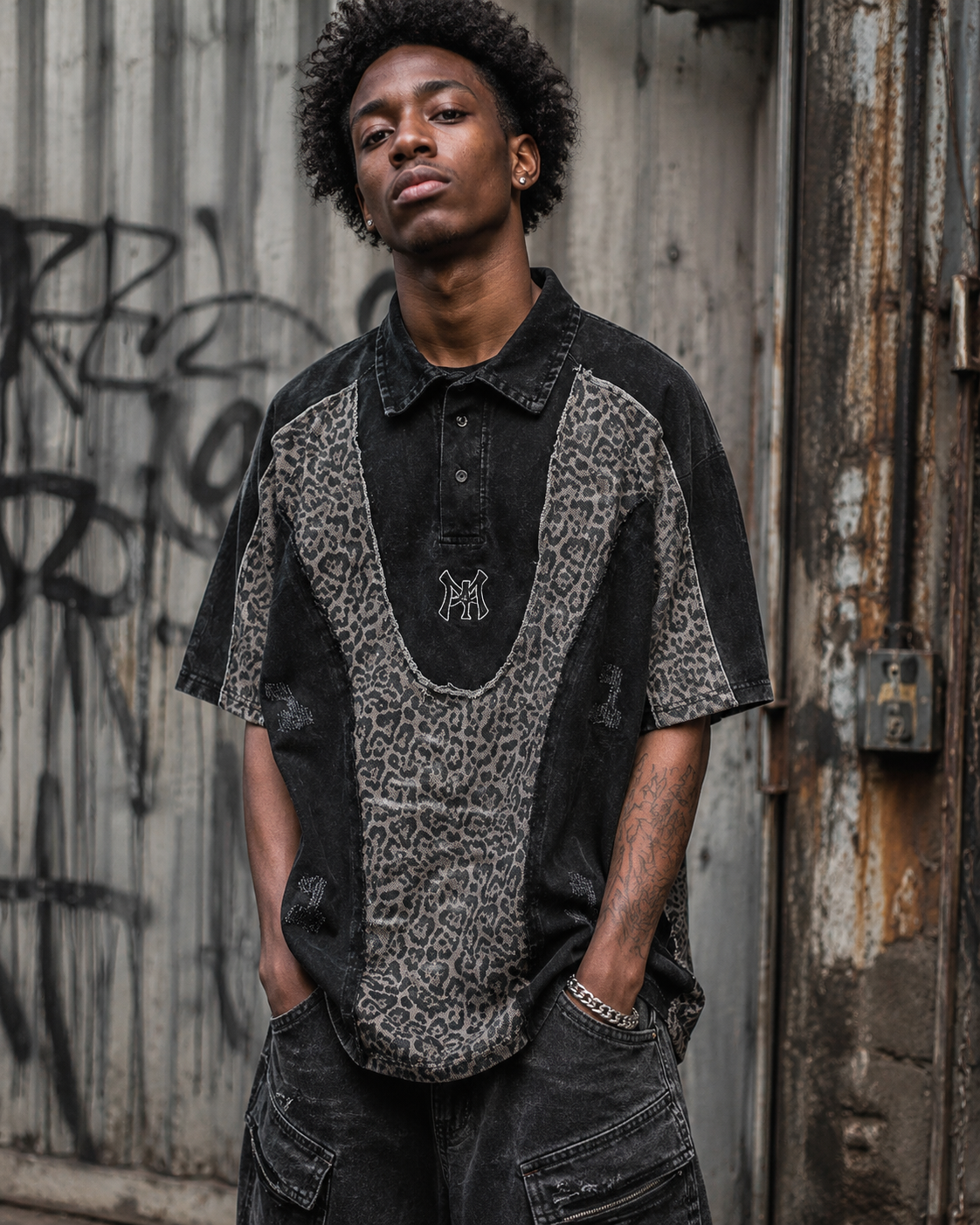 American Retro Leopard Print Patchwork Frayed Short-Sleeved Shirt