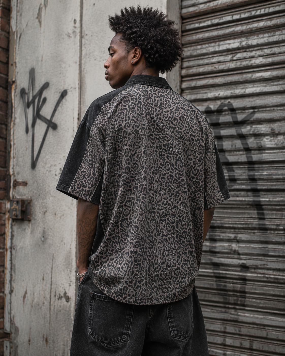 American Retro Leopard Print Patchwork Frayed Short-Sleeved Shirt