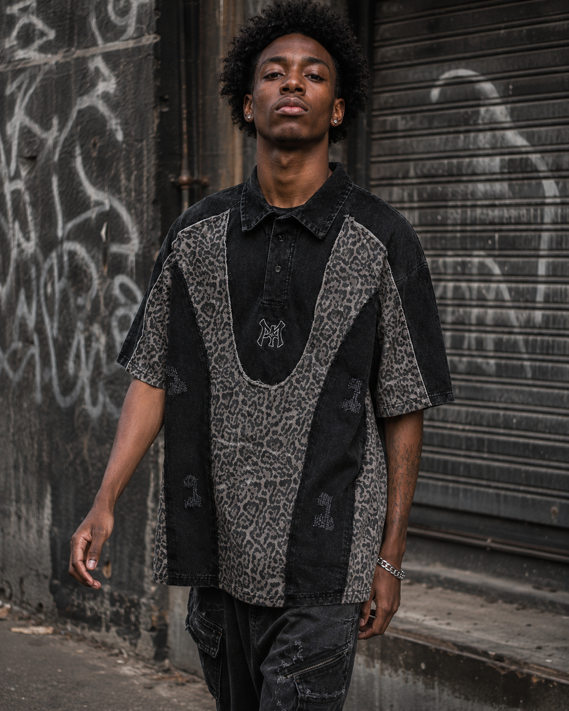 American Retro Leopard Print Patchwork Frayed Short-Sleeved Shirt