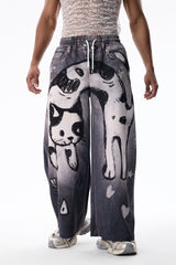 Layer Wave Cat Print Straight Jeans
