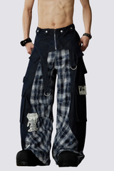 Night Mileage Embroidery Plaid Barrel Jeans Blue