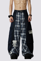 Night Mileage Embroidery Plaid Barrel Jeans Blue